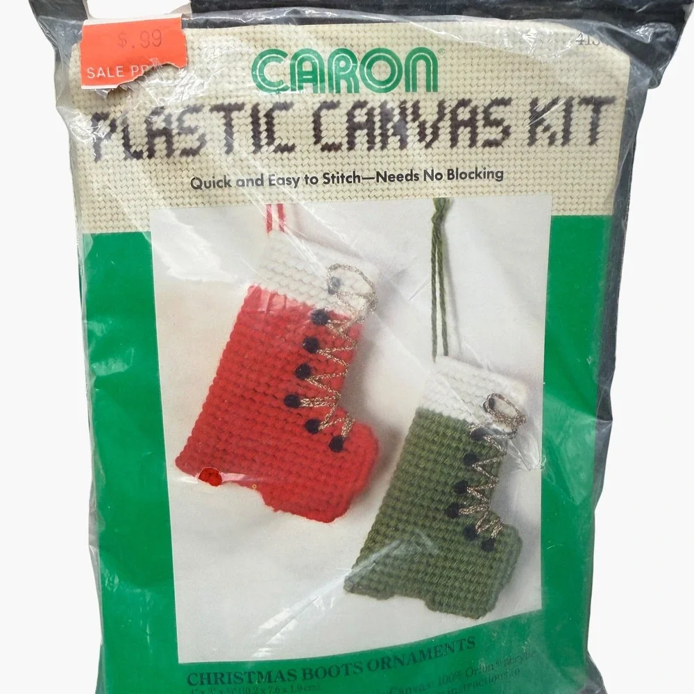 Vintage 1982 Caron Plastic Canvas Kit Lot 3 Christmas Boots Mitten Ornaments DIY